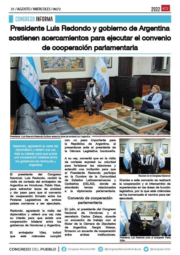 Presidente Luis Redondo y gobierno de Argentina sostienen acercamientos para ejecutar el convenio de cooperación parlamentaria